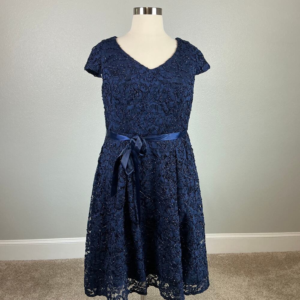 Alex Evenings Navy Blue Cocktail Dress Size Beaded Lace Fit and Flare Size 14W - Picture 2 of 12